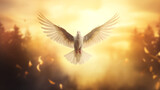 Doves fly in the sky. Christians have faith in Holy Spirit. Silhouette worship to god with love Faith, Spirit and jesus christ. Christian praying for peace. International peace day.