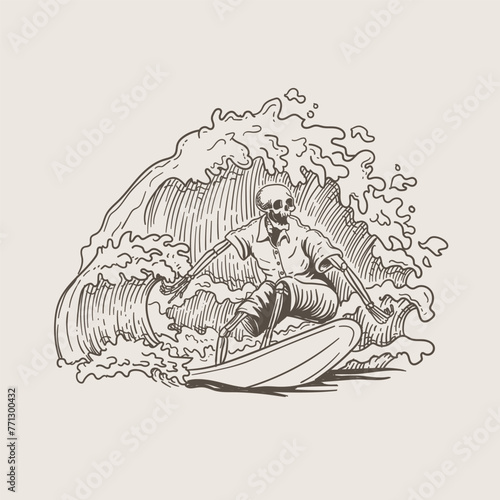 Surfer in the waves. Vector illustration. Hand drawn sketch
