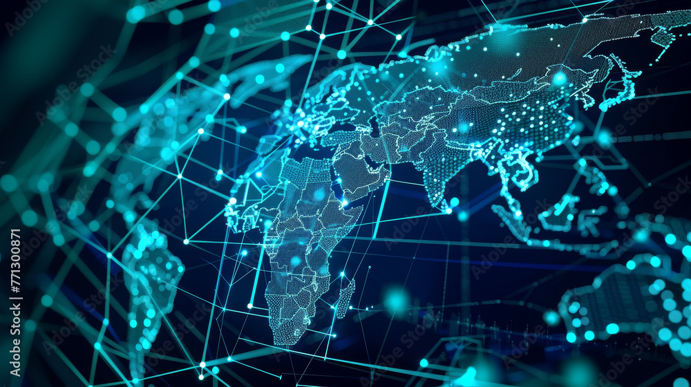 A blue and green image of the world with a lot of lines and dots A blue and green image of the world with a lot of lines and dots