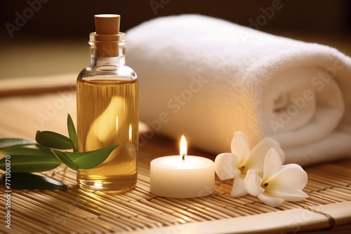 Bottle of oil, candle, flowers, and towel on a bamboo mat. 