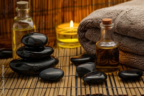 Spa accessories: towels, hot stones, essential oils, and candle on a bamboo background. 