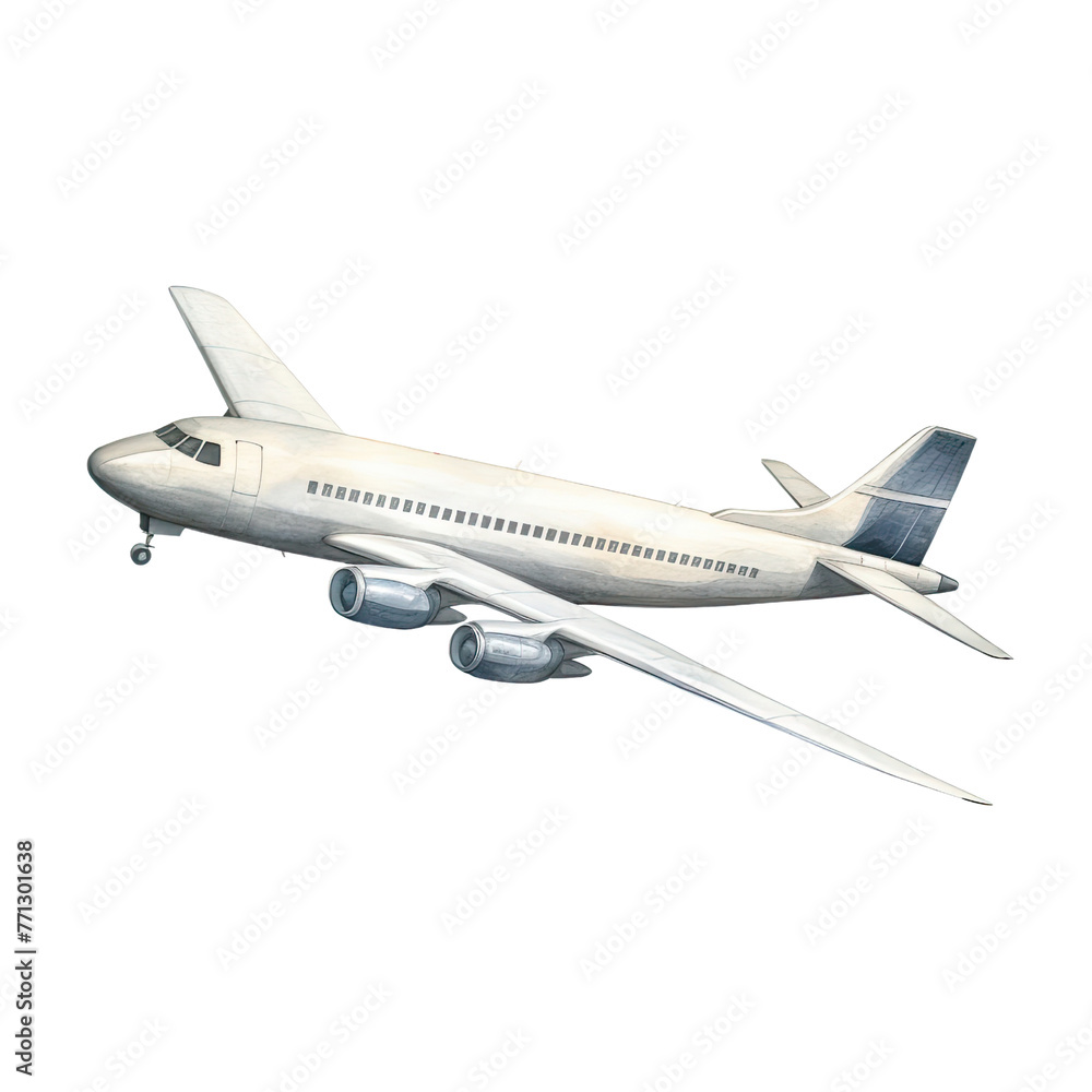 AI-generated watercolor Airplane clip art illustration. Isolated elements on a white background.	