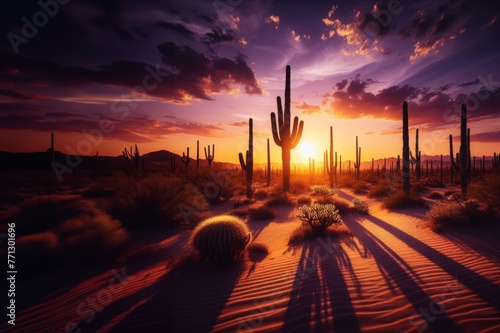 Majestic sunrise in the desert with saguaro cactus silhouettes