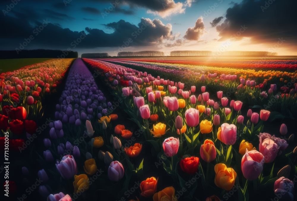 Tulip fields with diverse colored flowers at sunrise