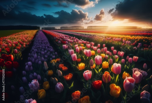Tulip fields with diverse colored flowers at sunrise #771302005