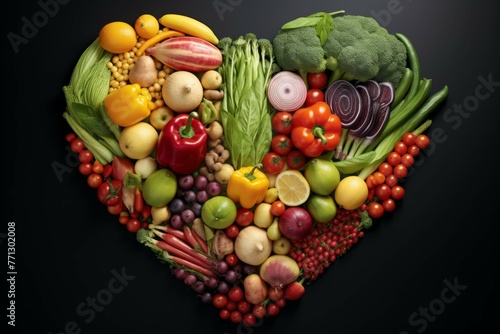 A human heart made out of a variety of fruits and vegetables  arranged in a creative way to form an abstract shape