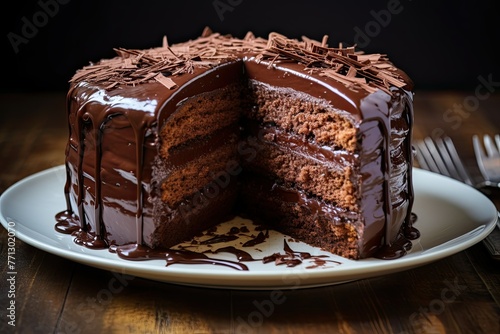 A rich, moist chocolate cake with a delectable slice expertly cut out, revealing its decadent layers and tempting cocoa aroma. Generative AI