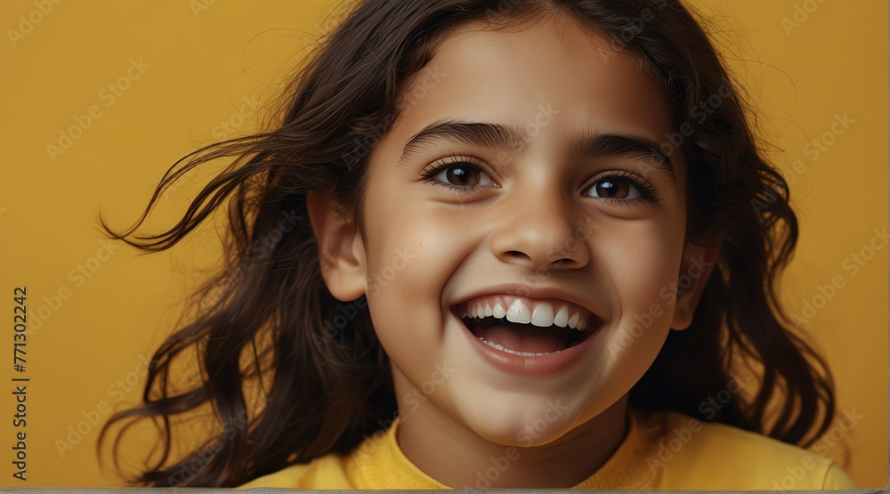 young middle eastern child girl on plain bright yellow background laughing hysterically looking at camera background banner template ad marketing concept from Generative AI