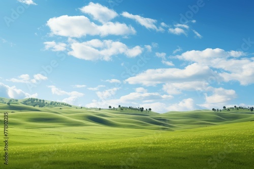 A picturesque countryside landscape in Tuscany, Italy, with rolling hills, lush green grass, and a bright blue sky with fluffy white clouds