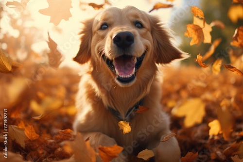 A golden retriever jumping through a pile of autumn leaves with a big, bright smile on its face