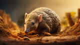 An adventurous armadillo digging in the ground, late afternoon, dust flying, action shot, macro photography.