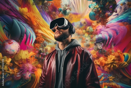 Man wearing VR glasses exploring a virtual world
