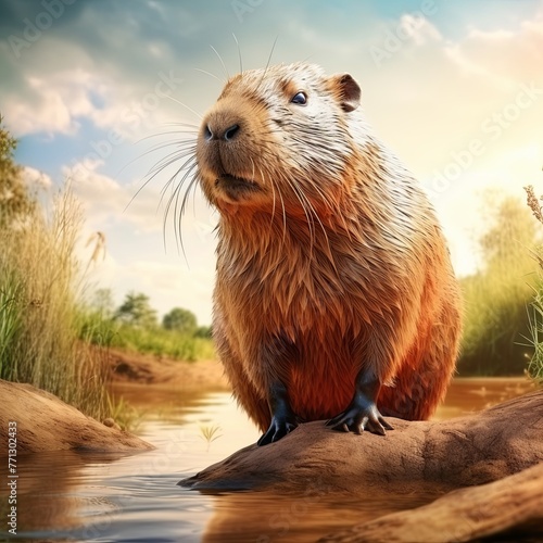 An adventurous capybara exploring a muddy riverbank, wide shot, natural habitat, 3D rendering