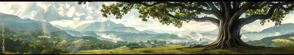 Tree Painting With Background Mountains