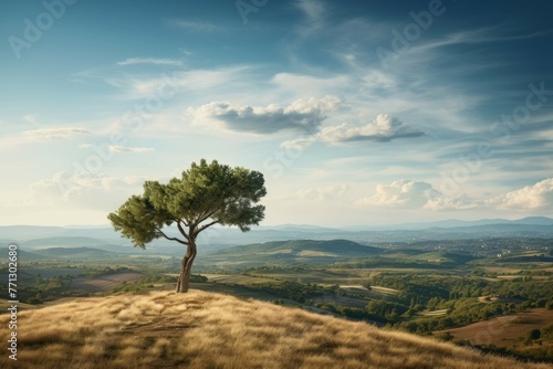 Lonely cypress tree on hilltop in Tuscany, Italy