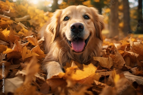 Golden Retriever Dog Chewing on Autumn Leaves