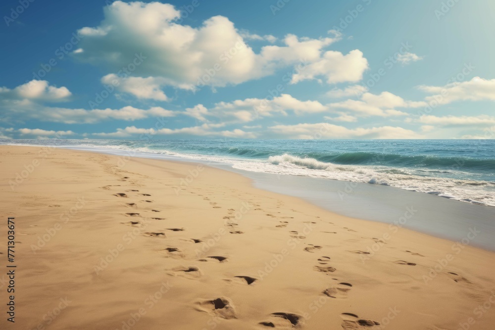 a beach with footprints in the sand, leading away from the water's edge and towards the horizon