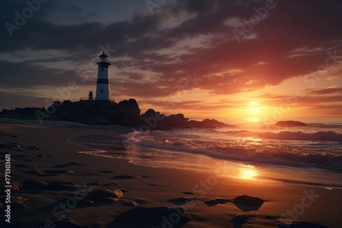a beach with a lighthouse in the background, with the sun setting in the background