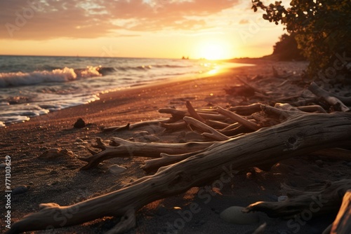 a beach with driftwood scattered along the shoreline, with the sun setting in the background