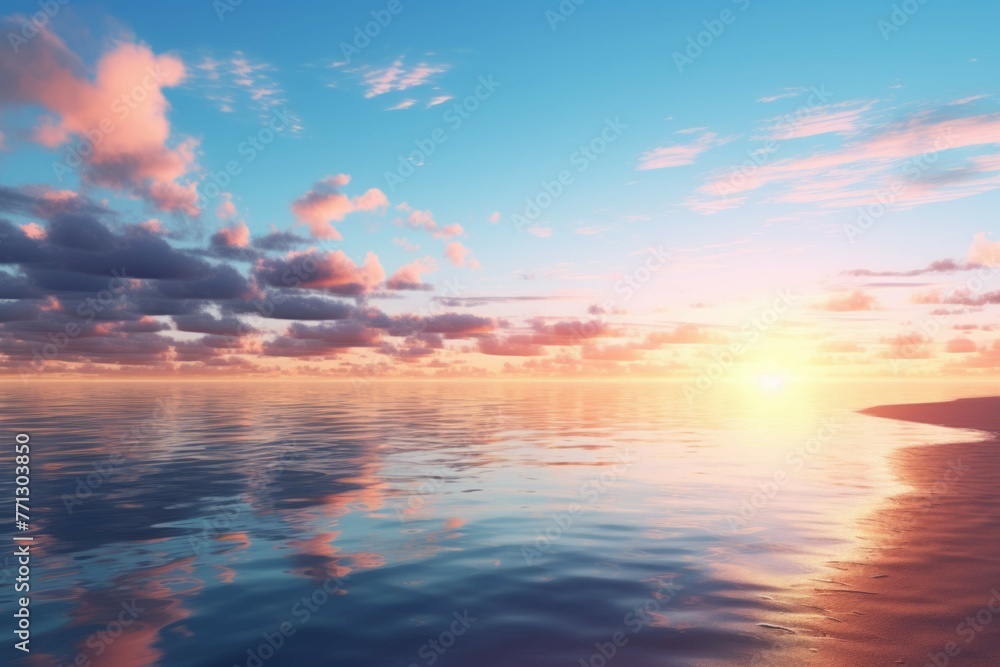 a lonely beach in the morning, with the sun rising in the distance and its reflection on the water's surface, the colors of the sky and the sea blending together in a mesmerizing way