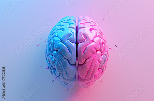 a brain whose two halves are blue and pink, in the style of realistic lighting, light red and violet