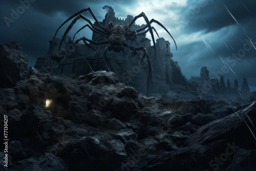 Tarantula crawling on ruined castle in stormy night.