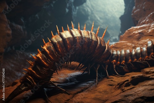 Giant centipede crawling on rock in canyon