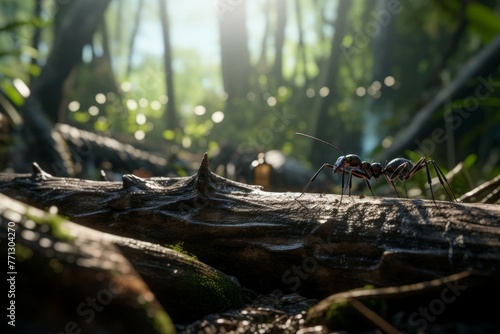 Giant ant crawling on log in forest