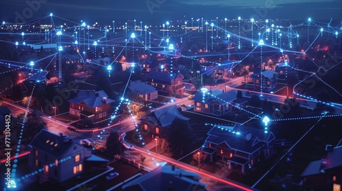 A cityscape with many houses and street lights. The houses are connected by a network of lines, and the street lights are lit up. Concept of connectivity and community, as well as a feeling of warmth © Rattanathip