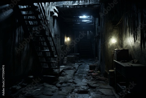 Creepy basement with flickering lights and strange noises.