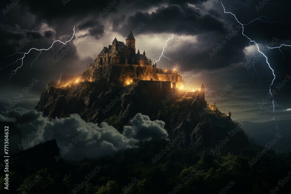 Fototapeta premium Dark castle on a hill with lightning in the background