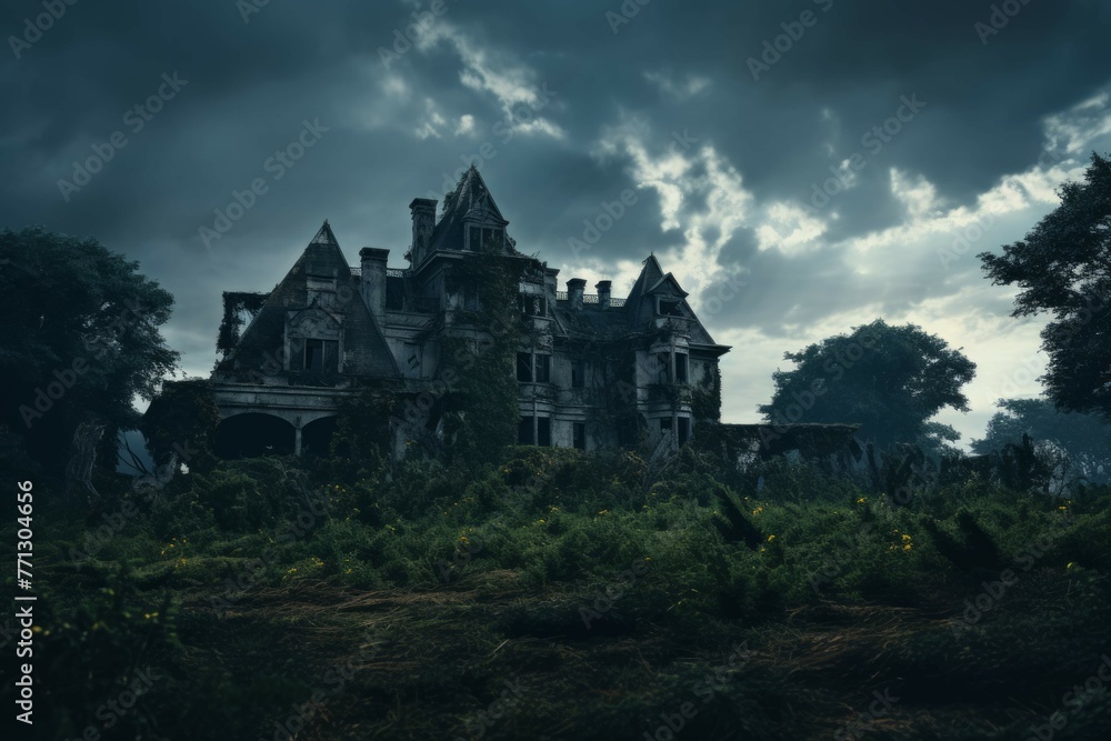 Abandoned mansion with overgrown vegetation