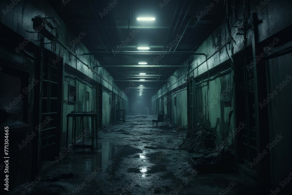Creepy abandoned hospital with flickering lights