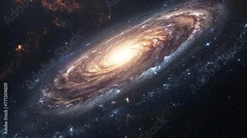 A spiral galaxy with a bright yellow center. The galaxy is filled with stars and is surrounded by a dark sky