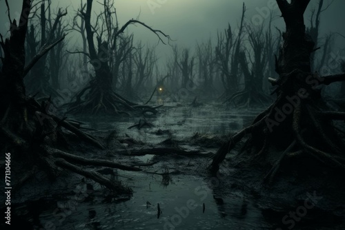 Mysterious swamp with twisted trees photo