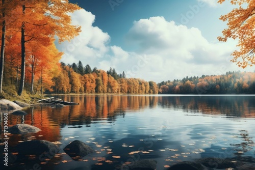 Serene lake reflecting autumn forest with fallen leaves