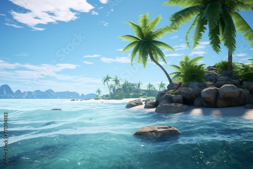 A tranquil tropical island with crystal clear water and a palm tree.