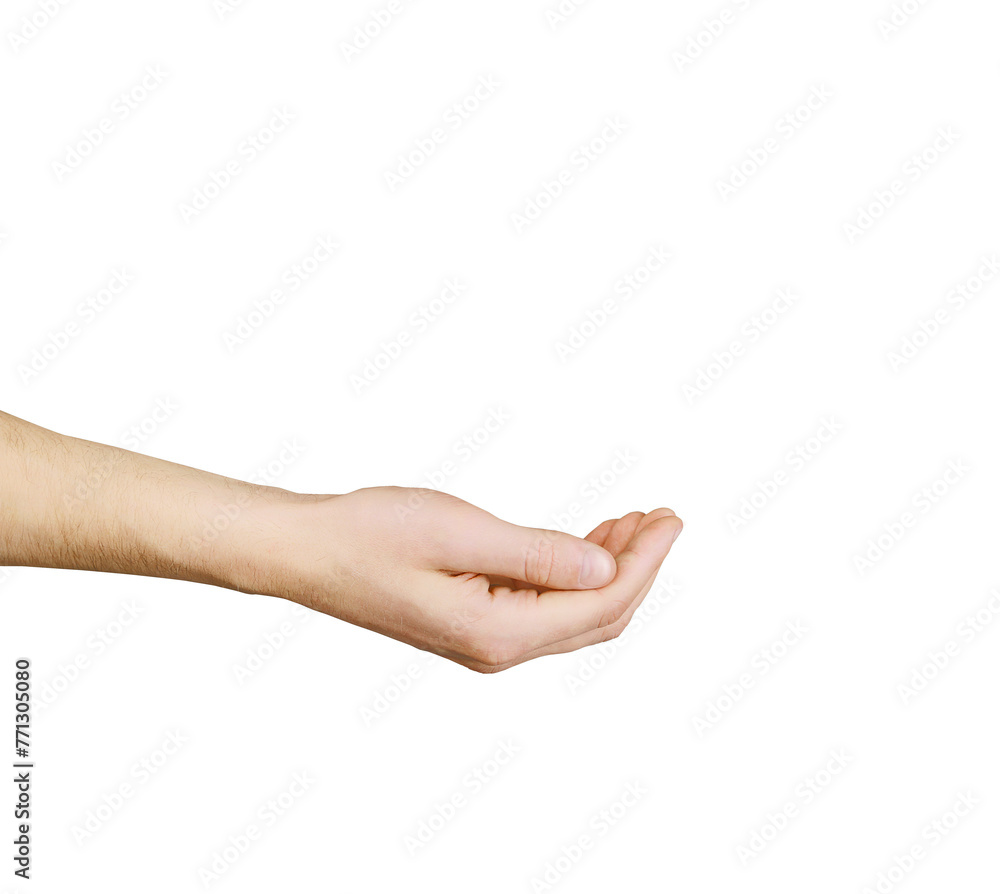 An outstretched male hand, palm up, ready to hold something, isolated on white background, depicting a gesture of holding or supporting