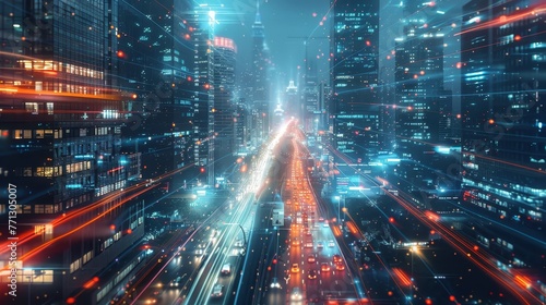 A cityscape with a lot of lights and cars. The city is lit up and the cars are moving