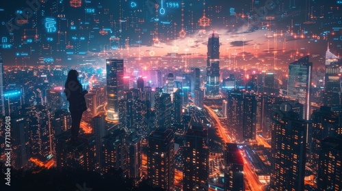 A cityscape with a person standing on a rooftop looking out over the city. The city is lit up with neon lights and the sky is a mix of orange and blue. Scene is one of awe