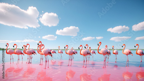 Elegant Majesty: Flamingos Against a Clear Blue Sky. generative AI