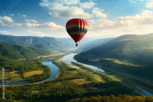 Scenic hot air balloon ride over a mountainous landscape.