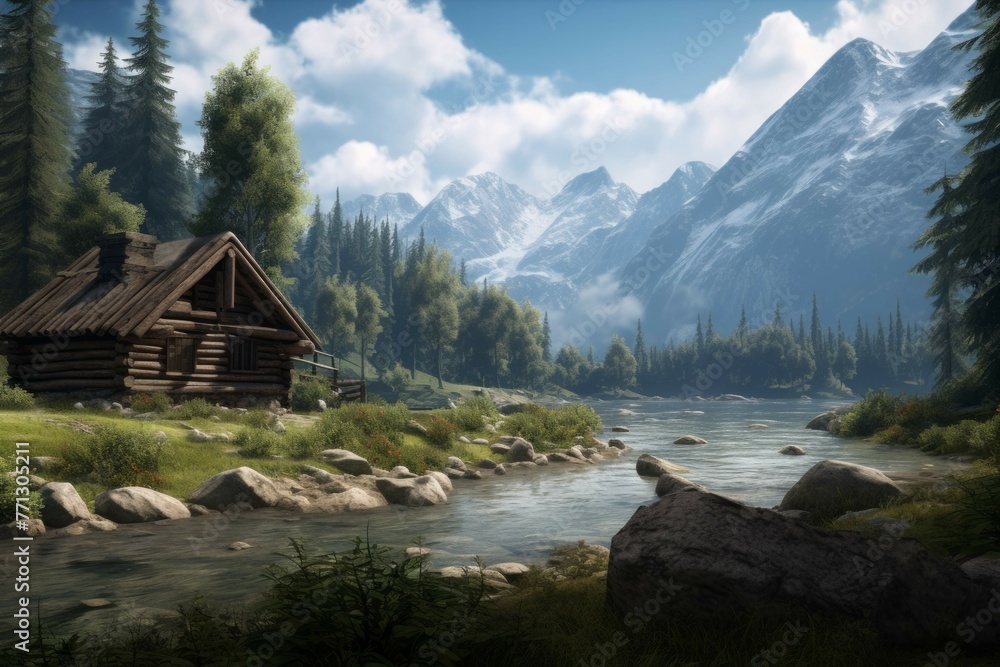 Wooden cabin in forest with river and mountain view