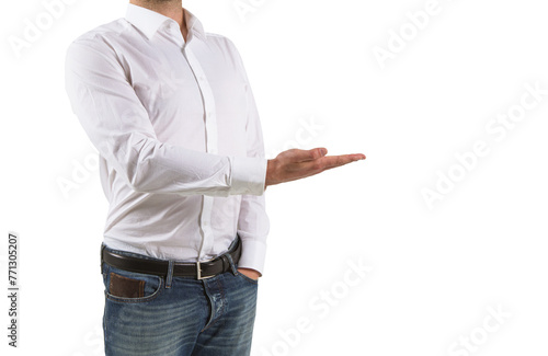 Man in a white shirt presenting with hand gesture, isolated on a white background, posing for product placement photo