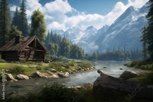 Wooden cabin in forest with river and mountain view