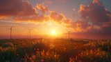 A field of wind turbines with the sun setting in the background. The turbines are all turned off, and the field is empty. The scene is peaceful and serene