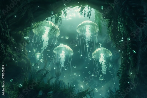   A mysterious underwater cave with shimmering algae and glowing jellyfish surrounding it