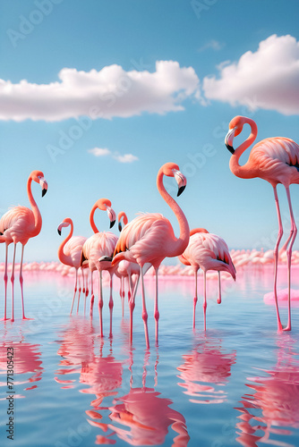 Pink Paradise  Flamingos Wading in a Vibrant Lake. generative AI
