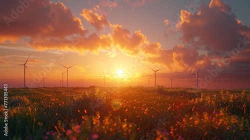 A field of wind turbines with the sun setting in the background. The turbines are all turned off, and the field is empty. The scene is peaceful and serene photo