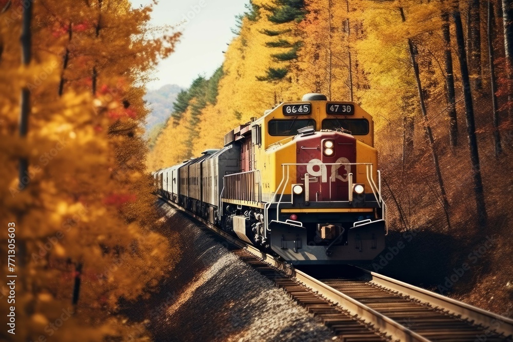 Fototapeta premium Cargo train in autumn forest